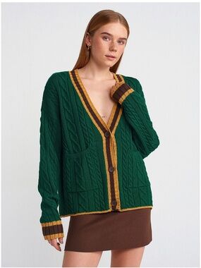 Zara Varsity green, yellow and brown cable knit sweater cardigan